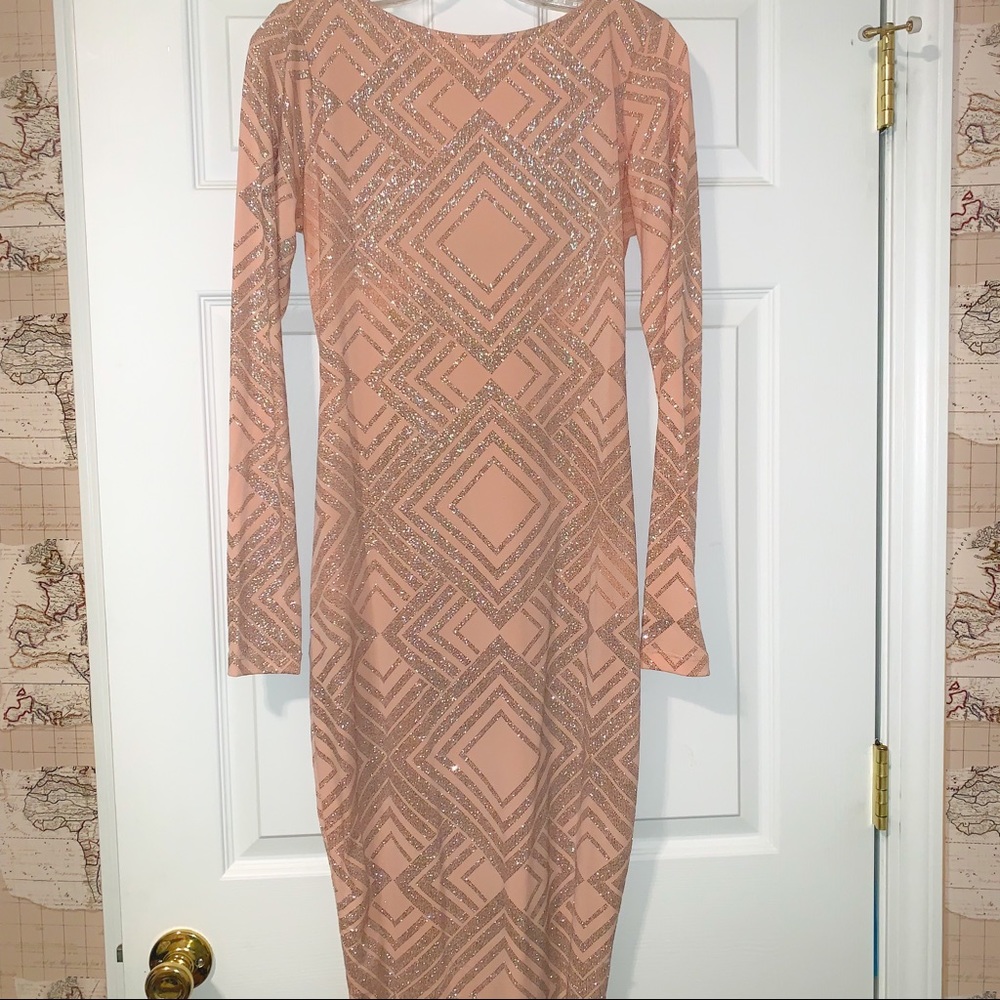💋ASOS Nude Dress Silver Print Overlay Sz 10